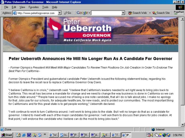 New homepage www.peterforgovernor.com: no longer running for Governor